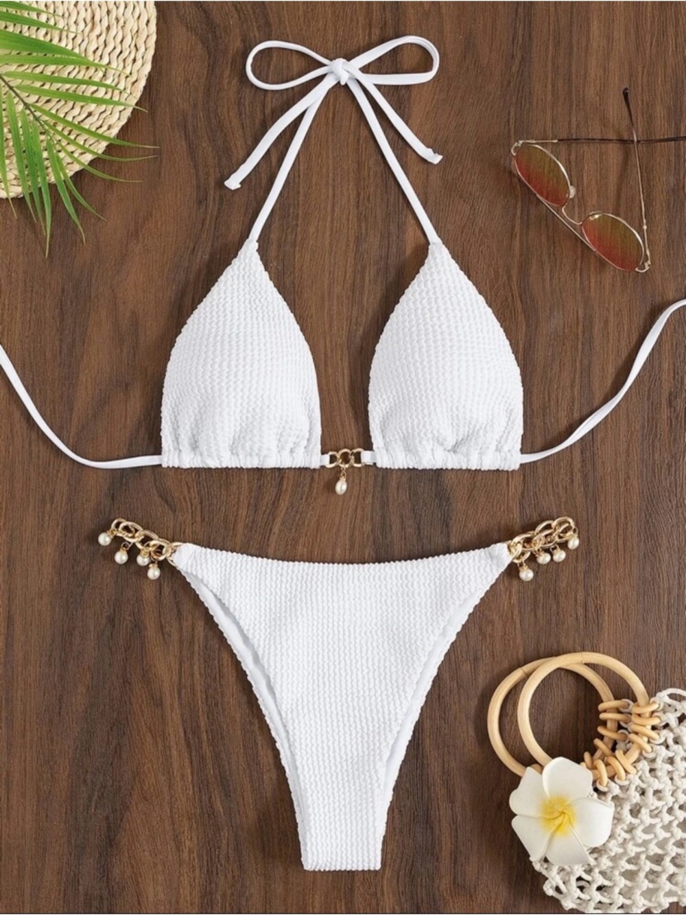 NWOT White Textured Two-Piece Bikini with Gold Pearl Chain Details